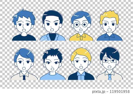 父親のアイコンイラストセット ポカンと口を開ける バストアップ ブルー、イエロー 父親のアイコンイラストセット ポカンと口を開ける バストアップ ブルー、イエロー 119501958