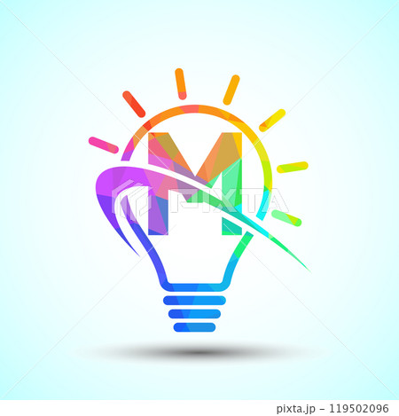 English alphabet with light bulb and swoosh. Electric bulb logo template. Low poly electricity logo English alphabet with light bulb and swoosh. Electric bulb logo template. Low poly electricity logo 119502096