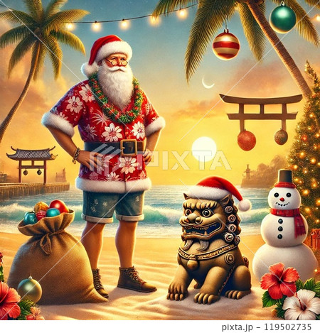 沖縄のビーチとシーサーとサンタクロース 沖縄のビーチとシーサーとサンタクロース 119502735