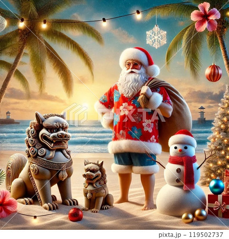 沖縄のビーチとシーサーのクリスマスのイラスト素材 [119502737] - PIXTA