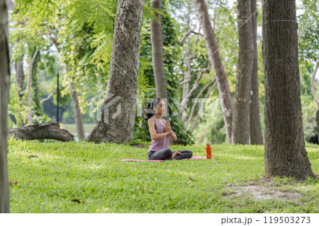 Young Woman Practicing Yoga in a Serene Park Setting Surrounded by Lush Greenery and Tall Trees Young Woman Practicing Yoga in a Serene Park Setting Surrounded by Lush Greenery and Tall Trees 119503273