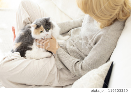 猫のいる暮らし　猫を抱っこする女性 119503330
