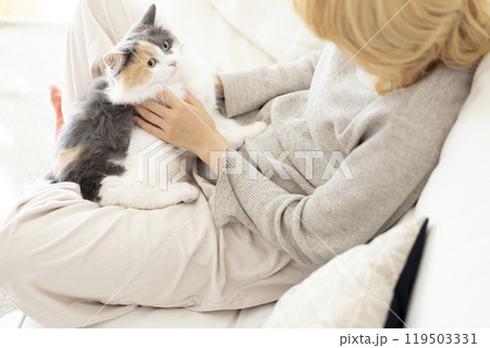 猫のいる暮らし　猫を抱っこする女性 119503331