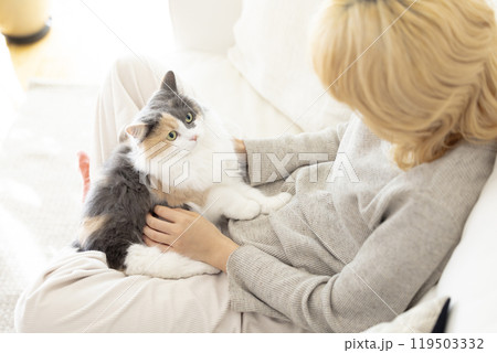 猫のいる暮らし 猫を抱っこする女性 猫のいる暮らし 猫を抱っこする女性 119503332