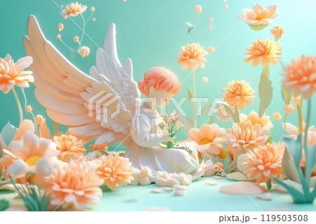 A white angel is sitting in a field of flowers 119503508