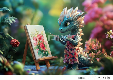 A dragon is painting a picture with a brush 119503516