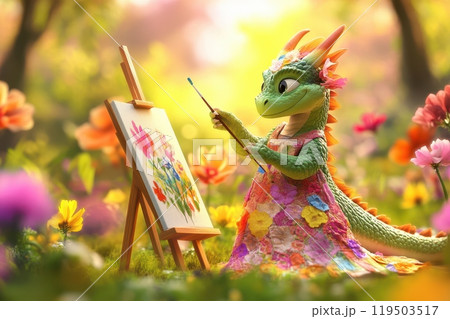 A dragon is painting a picture with a brush 119503517