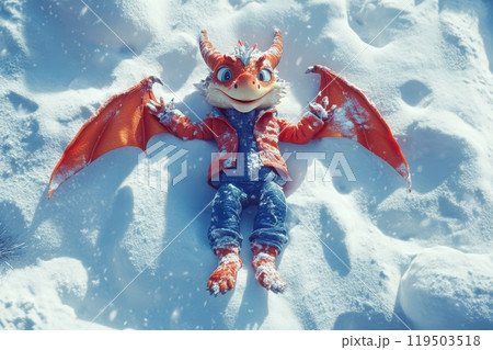 A small toy lizard is laying in the snow with its mouth open 119503518