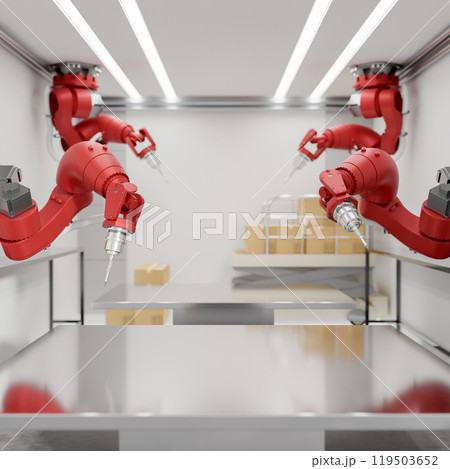 A close-up space for displaying products on a tabletop surrounded by red robotic assembly arms. A close-up space for displaying products on a tabletop surrounded by red robotic assembly arms. 119503652
