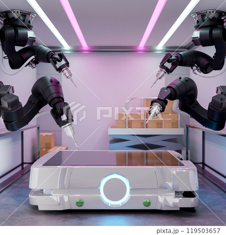 A modern metallic tabletop or scale surrounded by black robotic assembly arms in a modern factory. A modern metallic tabletop or scale surrounded by black robotic assembly arms in a modern factory. 119503657