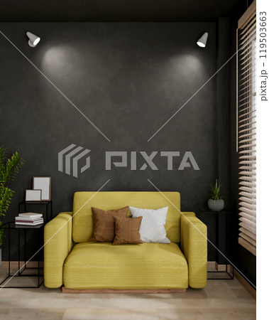A modern living room features a stylish yellow sofa against the black wall with spotlights 119503663
