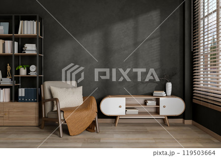 A modern living room features an armchair, a coffee table, and a bookshelf against the black wall. 119503664