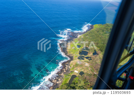 Aerial View of Mauritius Coastline with Lush Vegetation and Turquoise Waters. Aerial View of Mauritius Coastline with Lush Vegetation and Turquoise Waters. 119503693