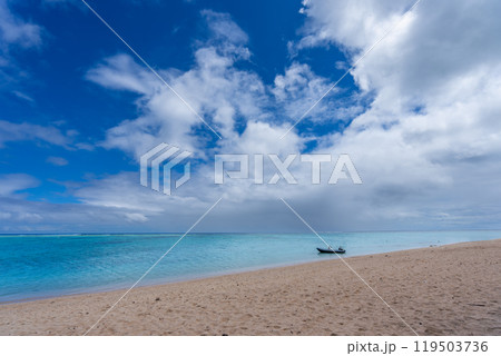 Tourists paragliding over turquoise waters. Ile Aux Cerfs, Mauritius. 119503736