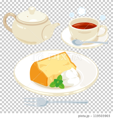 皿に盛られたシフォンケーキと紅茶セット 皿に盛られたシフォンケーキと紅茶セット 119503903