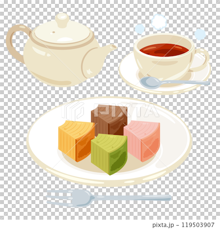 年輪蛋糕和茶具放在盤子上 年輪蛋糕和茶具放在盤子上 119503907