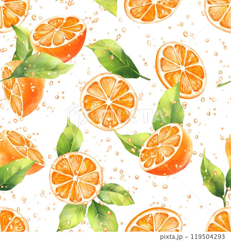 Hand drawn oranges background with juice drops and leaves. Fruit seamless pattern. Hand drawn oranges background with juice drops and leaves. Fruit seamless pattern. 119504293