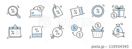 Doodle discount sale icon set. Discount percent, shop sale coupon hand drawn sketch line pen stroke style icon. Special price offer deal sketch doodle drawn collection. Vector 119504393