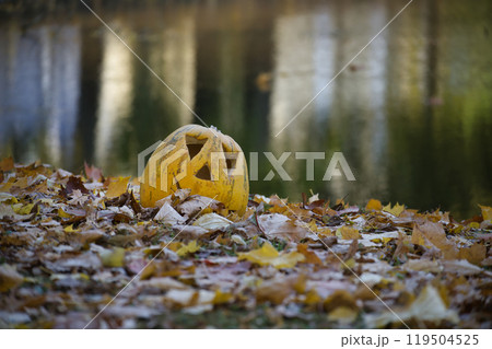 Carved pumpkin sits among vibrant fallen leaves near a tranquil pond Carved pumpkin sits among vibrant fallen leaves near a tranquil pond 119504525