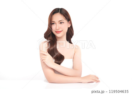 Beautiful young asian woman with clean fresh skin on white background, Face care, Facial treatment, Cosmetology, beauty and spa, Asian women portrait. 119504635