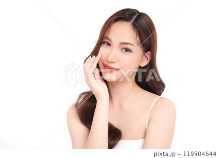 Beautiful young asian woman with clean fresh skin on white background, Face care, Facial treatment, Cosmetology, beauty and spa, Asian women portrait. Beautiful young asian woman with clean fresh skin on white background, Face care, Facial treatment, Cosmetology, beauty and spa, Asian women portrait. 119504644