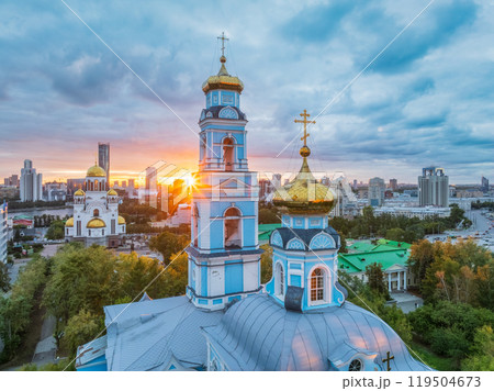 Summer Yekaterinburg, Temple of the Ascension and Temple on Blood in beautiful clear sunset. Summer Yekaterinburg, Temple of the Ascension and Temple on Blood in beautiful clear sunset. 119504673