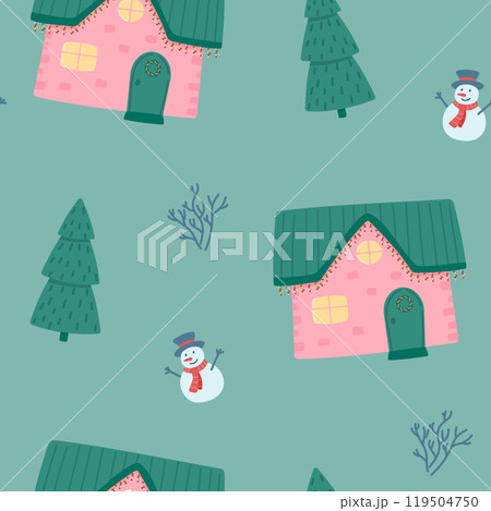 Seamless pattern of colorful houses and fir trees. Vector illustration. 119504750