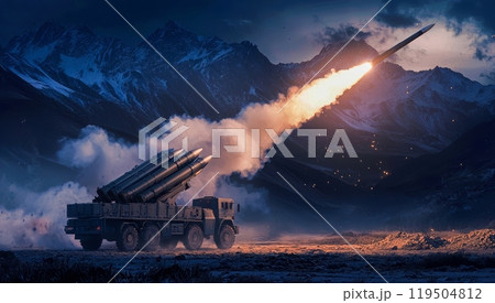 山岳地帯でのミサイル発射シーン 山岳地帯でのミサイル発射シーン 119504812