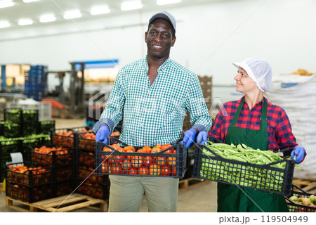 Portrait of positive man and woman vegetable warehouse Portrait of positive man and woman vegetable warehouse 119504949