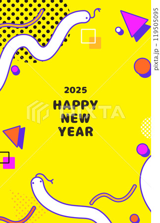 2025年 年賀状縦 ポップな背景とヘビのイラスト 2025年 年賀状縦 ポップな背景とヘビのイラスト 119505095