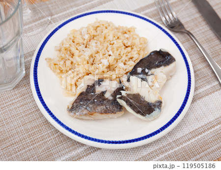 Nutritious meal of baked cod fish fillets with basmati rice Nutritious meal of baked cod fish fillets with basmati rice 119505186