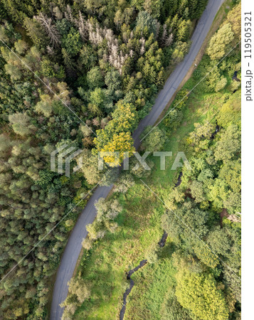 A beautiful aerial view showcases a winding road beautifully set amidst lush greenery A beautiful aerial view showcases a winding road beautifully set amidst lush greenery 119505321