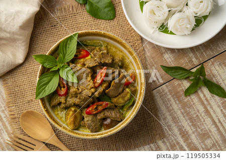Beef Green Curry with small eggplant (kaeng khiao wan),Thai food.Top view 119505334