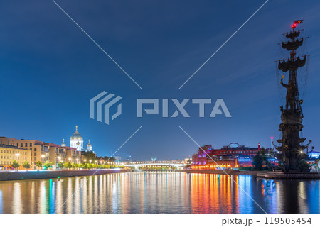 Moscow river and Peter the Great Statue in summer night. Sculpture by Zurab Tsereteli. One of the tallest monuments in Russia. Moscow river and Peter the Great Statue in summer night. Sculpture by Zurab Tsereteli. One of the tallest monuments in Russia. 119505454