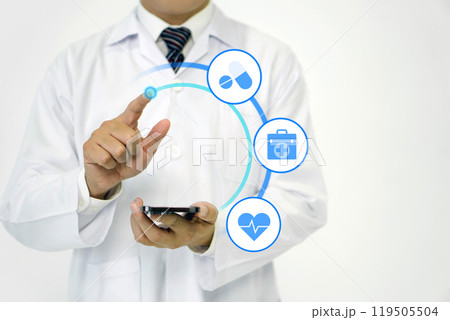 A doctor in a white lab coat holding smartphone, pointing finger toward with his hand showing symbol of medicine innovation, treatment, discovery and healthcare analysis. 119505504