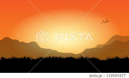 graphics drawing landscape view outdoor of sunset with grass on the ground for wallpaper background vector illustration 119505877