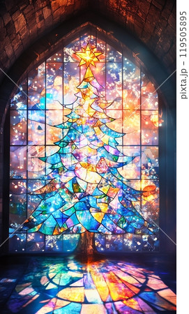 美しいステンドグラス風クリスマスツリー3のイラスト素材