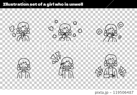 女孩身體不適的插圖(感冒、流感、花粉熱、噁心、頭痛、胃痛、過敏、氣喘) 女孩身體不適的插圖(感冒、流感、花粉熱、噁心、頭痛、胃痛、過敏、氣喘) 119506487