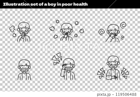 Illustration of a boy who is unwell (cold, flu, hay fever, nausea, headache, stomachache, allergy, asthma) Illustration of a boy who is unwell (cold, flu, hay fever, nausea, headache, stomachache, allergy, asthma) 119506488
