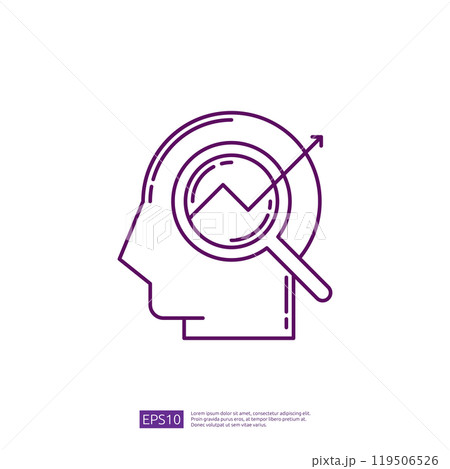 Purple line art icon of human head with magnifying glass over chart, concept of data analysis, research, and insights. 119506526