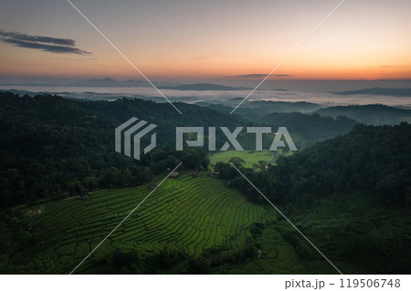 Aerial view of the rice fields,Rice fields and mountains in the early morning Aerial view of the rice fields,Rice fields and mountains in the early morning 119506748