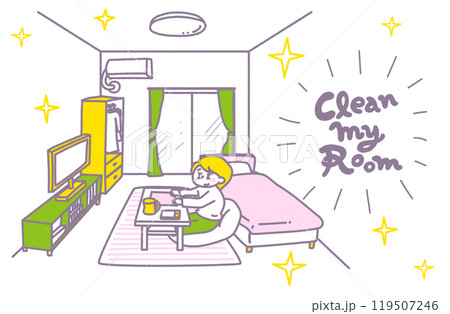 自分の部屋の片付け・掃除をしてくつろいでいる女性 パステル 自分の部屋の片付け・掃除をしてくつろいでいる女性 パステル 119507246