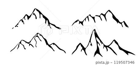Mountain ridge, snowy peak, line wild nature. Hand drawn landscape, map line contour. Rocky mountains landscape design, icon. Mountain ridge, snowy peak, line wild nature. Hand drawn landscape, map line contour. Rocky mountains landscape design, icon. 119507346