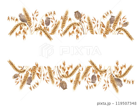 Horizontal banner, border, template, frame with oat branches, dried poppy seed heads and ears of wheat, cereal. Hand drawn watercolor illustration isolated on white. For clip art cards label package 119507348