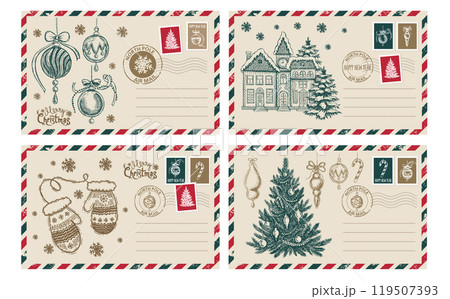 Christmas mail, postcard, hand drawn illustration. Christmas mail, postcard, hand drawn illustration. 119507393