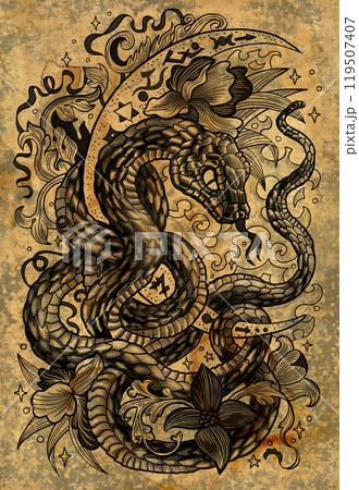 Graphic illustration with snake - symbol of the year according to chinese horoscope, and moon against texture background. Esoteric, gothic and mystic artwork, epic concept for print, tattoo, cards 119507407