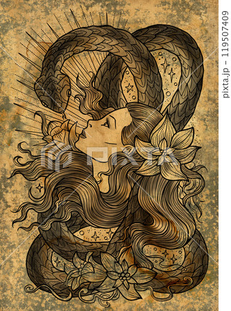 Graphic illustration with snake - symbol of the year according to chinese horoscope, and beautiful girl against textured background. Esoteric, gothic and mystic artwork, epic concept for print, cards Graphic illustration with snake - symbol of the year according to chinese horoscope, and beautiful girl against textured background. Esoteric, gothic and mystic artwork, epic concept for print, cards 119507409