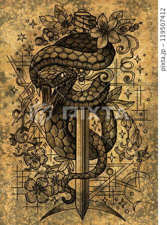 Graphic illustration with snake - symbol of the year according to chinese calendar horoscope, and sword against texture. Esoteric, gothic and mystic artwork, epic concept for print, tattoo, cards Graphic illustration with snake - symbol of the year according to chinese calendar horoscope, and sword against texture. Esoteric, gothic and mystic artwork, epic concept for print, tattoo, cards 119507412