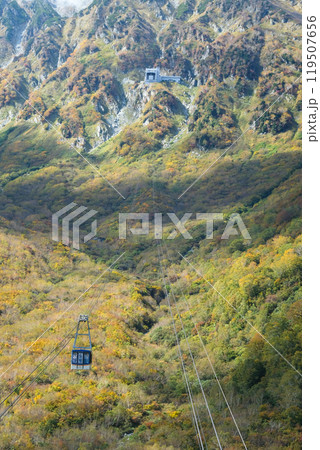 Kurobedaira Station, Tateyama, Toyama, Chubu, Japan, Scenic cable car traversing lush green mountains under a clear sky 119507656