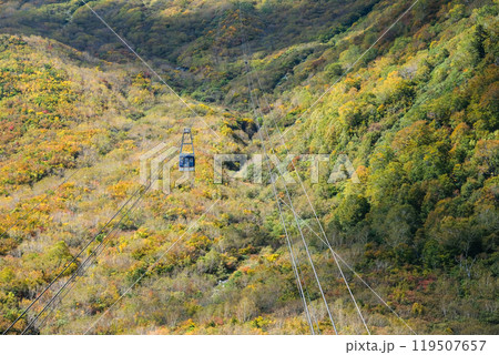 Kurobedaira Station, Tateyama, Toyama, Chubu, Japan, A serene landscape a cable car traversing a lush valley filled with autumn-colored foliage. Kurobedaira Station, Tateyama, Toyama, Chubu, Japan, A serene landscape a cable car traversing a lush valley filled with autumn-colored foliage. 119507657